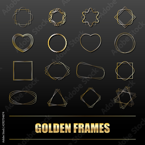 Big set of gold metal frames for banners, cards, invitations, weddings and holidays. Geometric shapes circle, heart, square, star. Vector isolated objects on a black background.