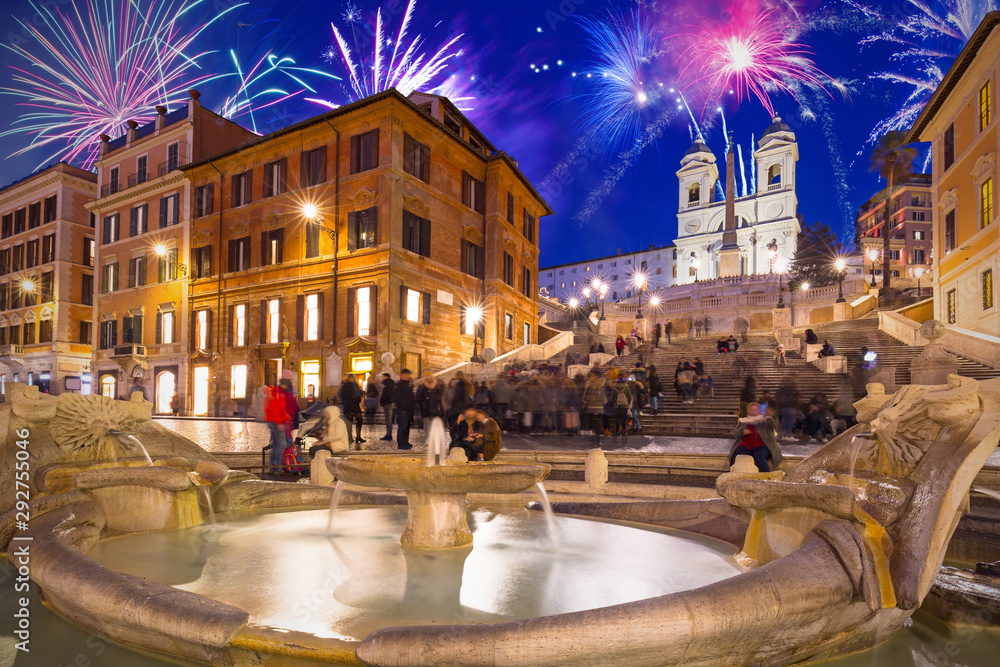 Fireworks display over the Spanish Steps in Rome, Italy