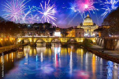 Fireworks display over the Vatican city with Saint Angelo Bridge, Rome. Italy