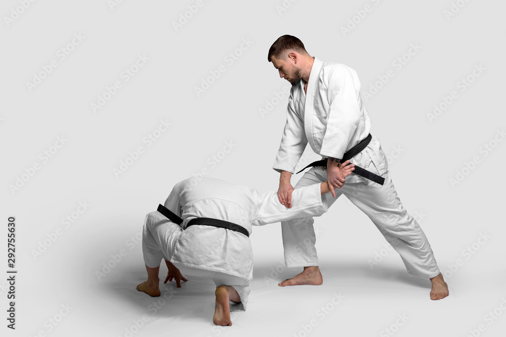 Two caucasian men are practicing aikido on the tatami (isolation path included) Two caucasian men are practicing aikido on the tatami (isolation path included)