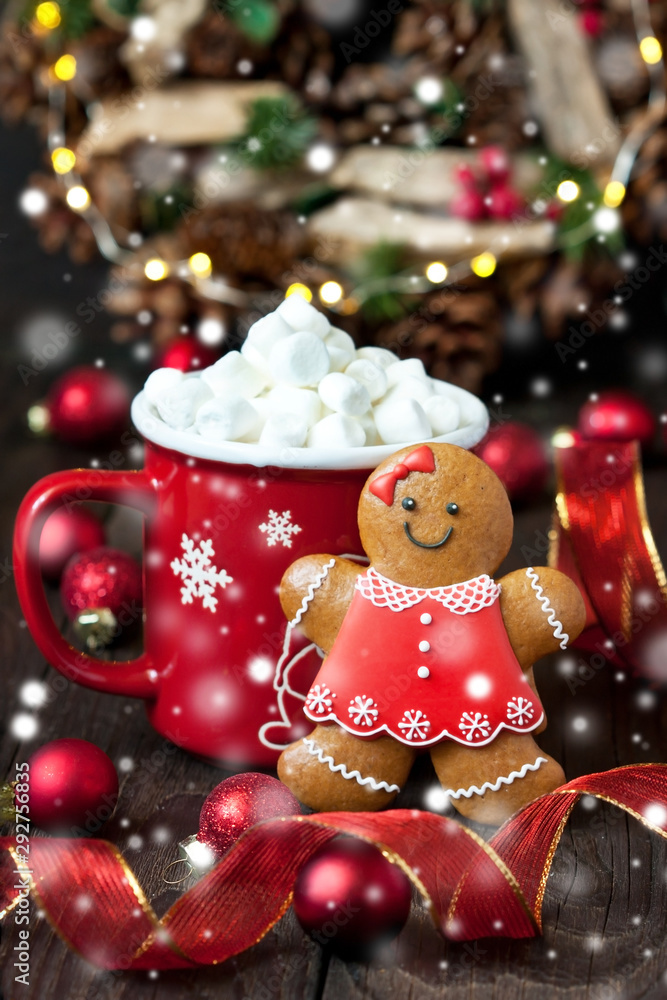 Christmas gingerbread cookies with hot chocolate and marshmallows Christmas gingerbread cookies with hot chocolate and marshmallows