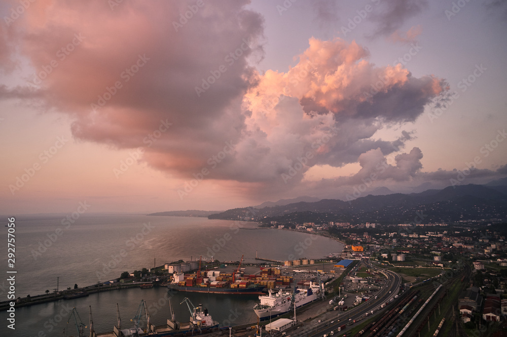 Batumi, Georgia. Sunset at sea. Clouds and drone shooting