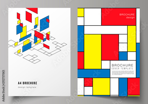 The vector layout of A4 format modern cover mockups design templates for brochure, flyer, booklet, annual report. Abstract polygonal background, colorful mosaic pattern, retro bauhaus de stijl design.