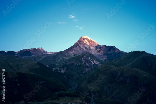  Kazbek mountain 5033 meters above sea level (Stepantsminda) Aerial shot from a drone