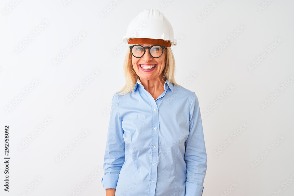 Middle age architect woman wearing glasses and helmet over isolated white background with a happy and cool smile on face. Lucky person. Middle age architect woman wearing glasses and helmet over isolated white background with a happy and cool smile on face. Lucky person.