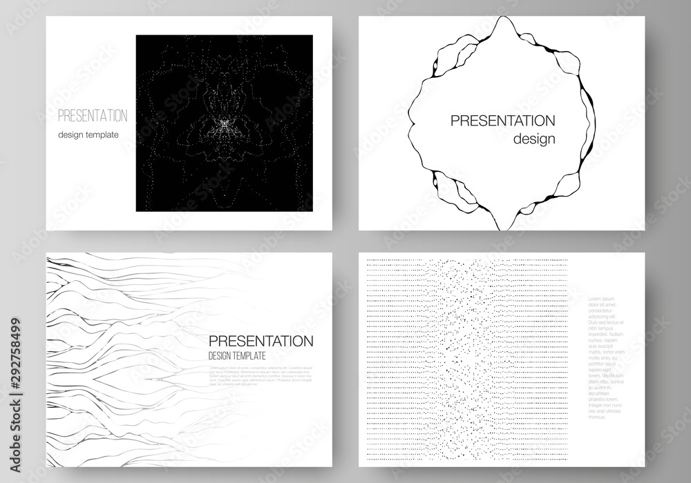 The minimalistic abstract vector illustration layout of the presentation slides design business templates. Trendy modern science or technology background with dynamic particles. Cyberspace grid.