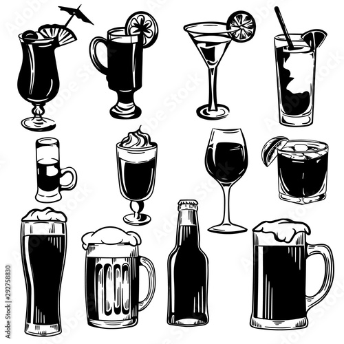 Vector hand drawn big set of alcohol drinks isolated on white background.