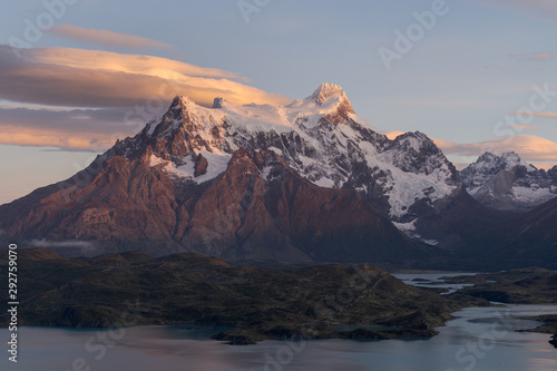 Beautiful light bathes Paine Grande Peak in Torres del Paine National Park Chile. Patagonia.