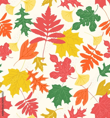 Sophisticated seamless repeat pattern with bright colorful leaves silhouettes on a cream background