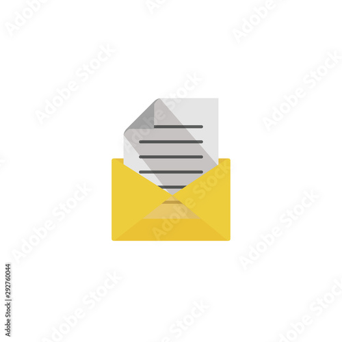 Open envelope with a paper document. Flat illustration isolated and white background