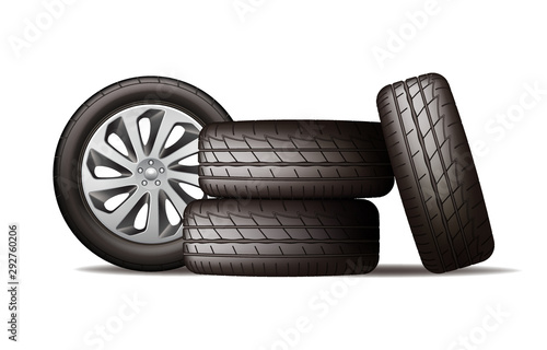 Realistic new black car wheels stack, four tires