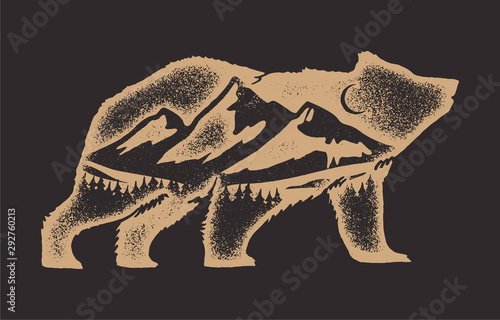 Bear and mountains double exposure vintage design - hiking poster sign