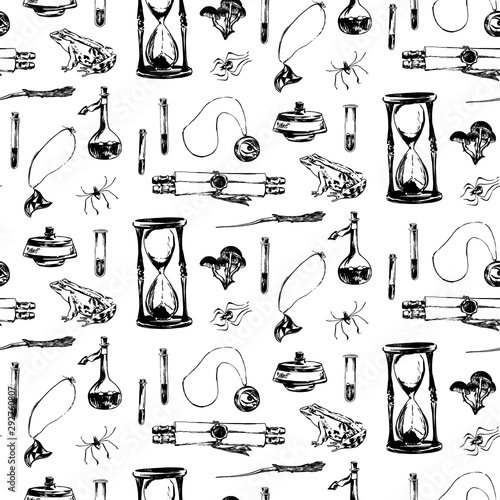 Hand drawn antique magic seamless pattern. Vector sketch endless illustration with amulet, hourglass, scroll, spider, frog. Halloween party retro grunge style backgroun  painted by ink