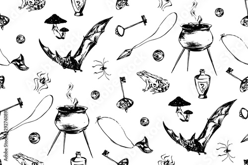 Hand drawn antique magic seamless pattern. Vector sketch endless illustration with poison, pot of potion, spider, bat, mushrooms, frog. Halloween party retro grunge style background painted by ink