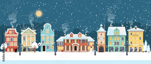 Snowy Christmas night in cozy town city panorama. Winter village holiday landscape, vector illustration
