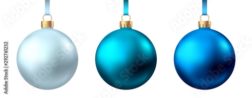 Realistic  blue, silver  Christmas  balls  isolated on white background.