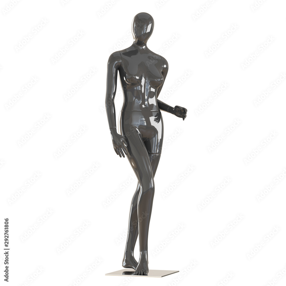 A black female mannequin stands on an iron mount on an isolated white background. 3D rendering