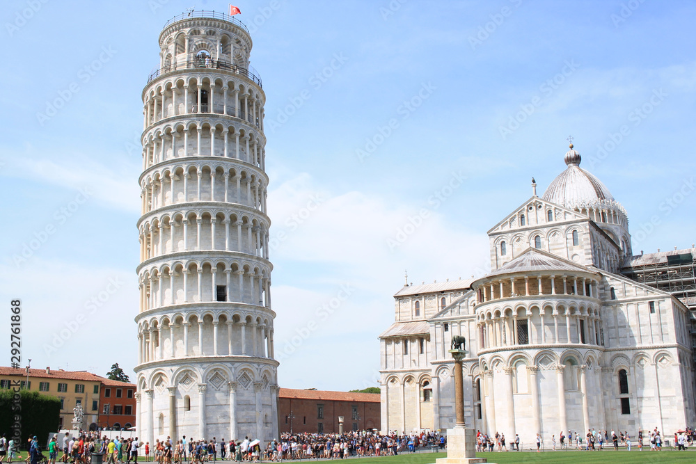 The amazing Piazza dei miracoli in Pisa with the Basilica and the leaning tower, Tuscany, Italy