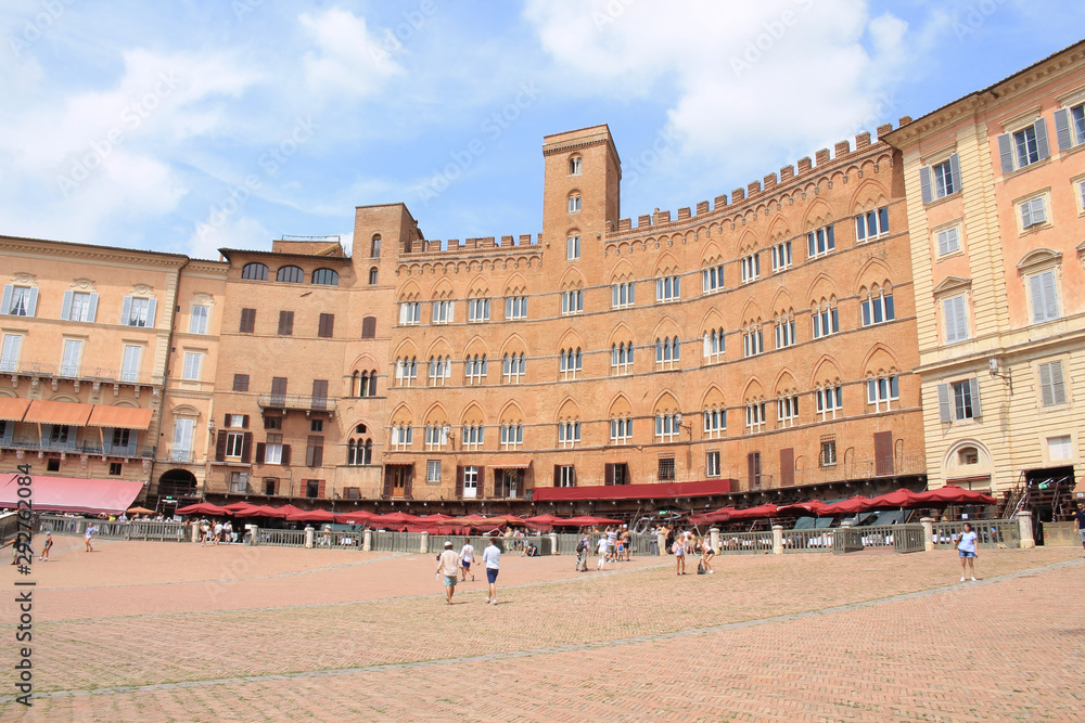 Architectural styles in Piazza del Campo, the principal public space of the historic center of Siena, Tuscany, Italy. It is regarded as one of Europe's greatest medieval squares