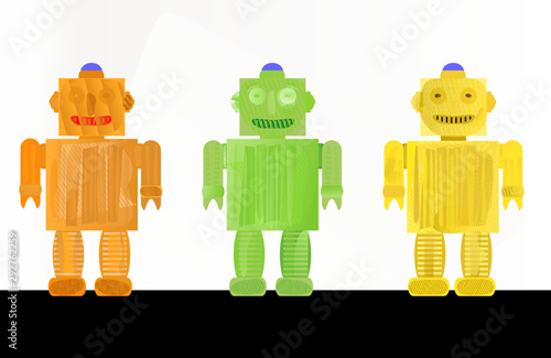 drei bunte Roboter