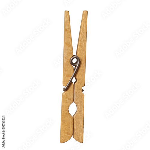 Detail of One Wooden Clothespin Isolated on White Background, Eco Friendly Universal Clip