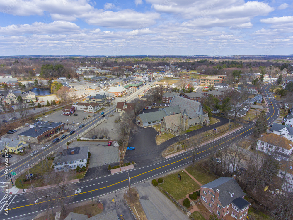 All Saints' Episcopal Church aerial view in historic town center in spring, Chelmsford, Massachusetts, MA, USA.