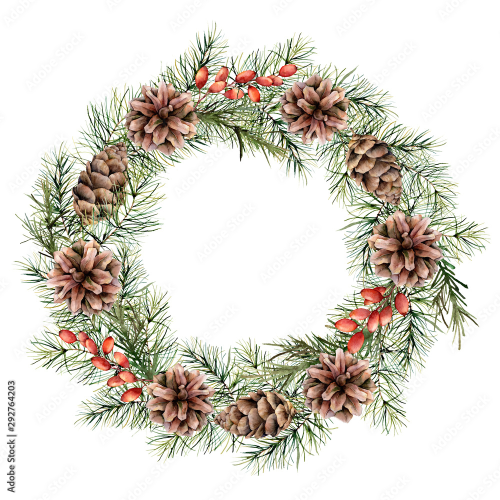 Watercolor Christmas wreath with berries, pine cones and tree branches. Hand painted fir border isolated on white background. Floral print design, print or background.