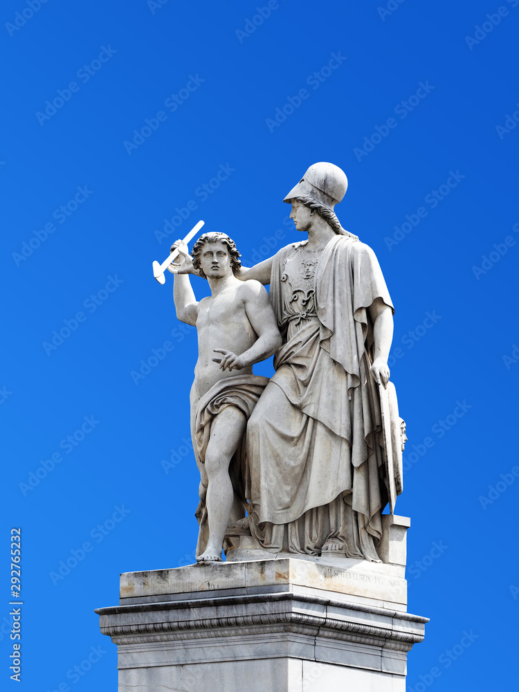 Schlossbrucke, Berlin, blue sky. Athene instructs the young man in the use of weapons (Athene unterrichtet den Jungen im Gebrauch der Waffen) by Schievelbein, 1853