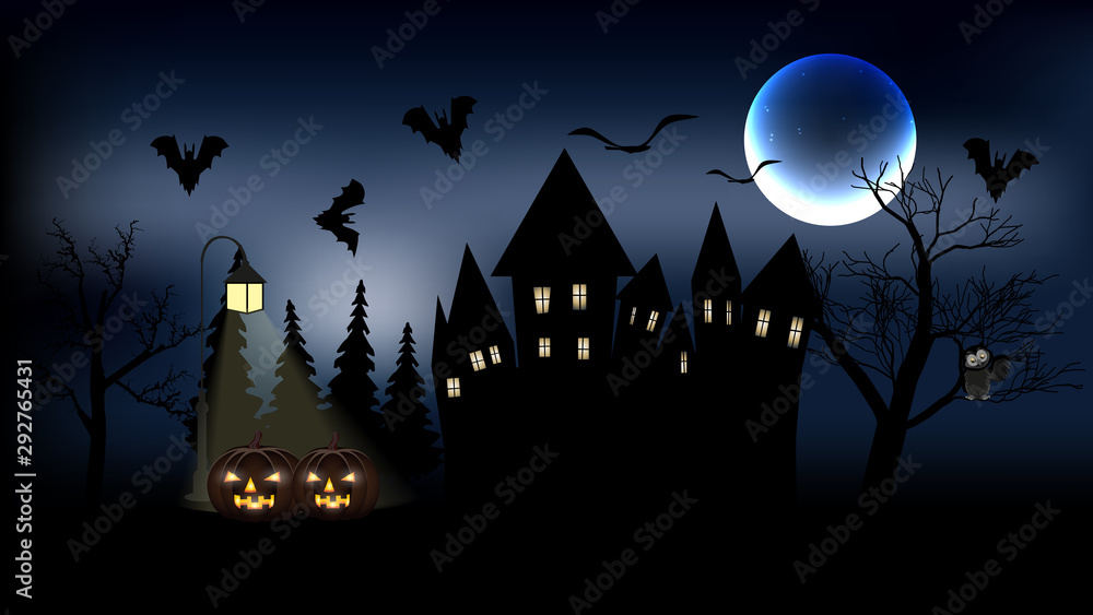 Happy Halloween, vector postcard with old houses, full big moon, Ghost, bats and pumpkin Jack