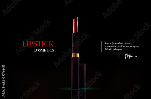 Fashion lipstick cosmetic template for ads, flyer or banner. Realistic 3d red lipstick on black background. Makeup magazine template with stylish lipstick. Luxury cosmetic products brand.