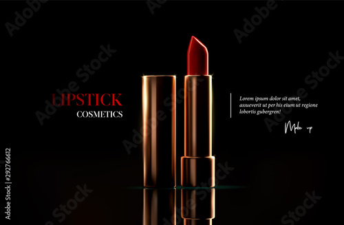 Fashion lipstick cosmetic template for ads, flyer or banner. Realistic 3d golden red lipstick on black background. Makeup magazine template with stylish gold lipstick. Luxury cosmetic products brand.