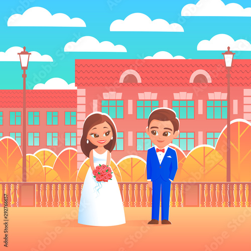 Beautiful and happy bride and groom on a wedding day walk in the sunny autumn city. Around the house and yellow trees. Vector cartoon illustration.