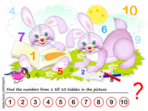 Logical puzzle game for kids. Math exercise for little children. Find hidden numbers from 1 till 10. Developing counting skills. IQ training test. Printable worksheet for textbook. Back to school.