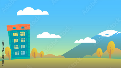 Autumn landscape for background: residential building, yellow trees, forest and mountains. On the blue sky clouds. Vector cartoon illustration.