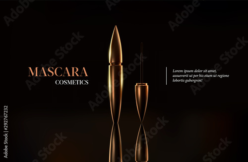 Styulish fashion golden mascara bottle. Brush and mascara tube. Golden wand and tube on black background. Fashionable cosmetics packaging. Gold make up design.