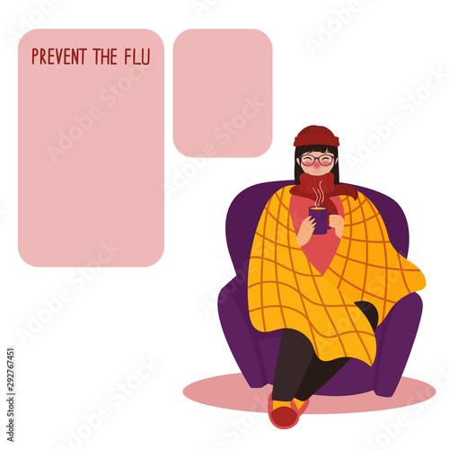 Young girl in red hat caught cold flu or virus. With red nose, high temperature and holds cup of tea. How to prevent flu.Girl in armchair with blanket.Vector isolated objects.