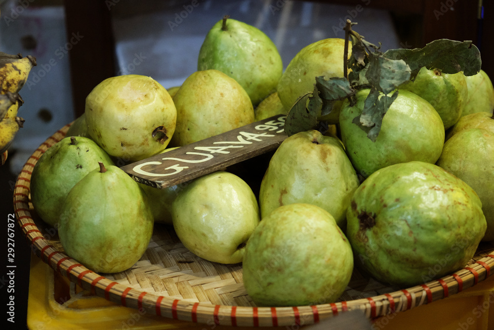 Thai traditional fruit market. Thai Asian tropical traditional fresh ripe fruit