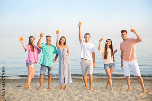Friends drinking juice on sea beach