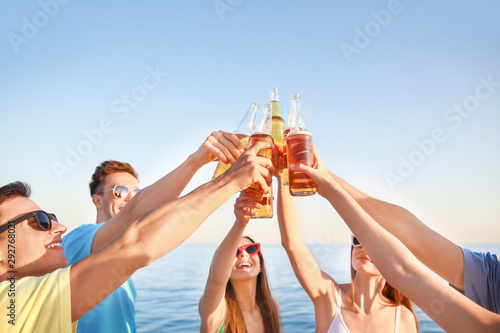Friends drinking beer on sea beach © Pixel-Shot