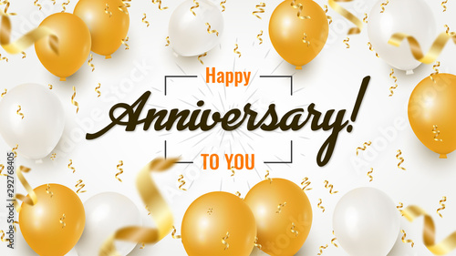 Happy Anniversary celebration design with realistic golden and white balloons and falling foil confetti. Horizontal template for greeting card, poster or banner. Vector illustration.