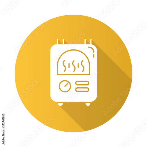 Central heat yellow flat design long shadow glyph icon. Fast cooking. Mantelpiece, hearth isolated vector chalkboard illustration. Kitchen device. Vector silhouette illustration