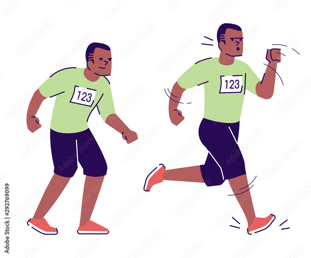 Trained african american man flat vector illustration. Standing, running sportsman. African american male marathon participant isolated cartoon character with outline elements on white background
