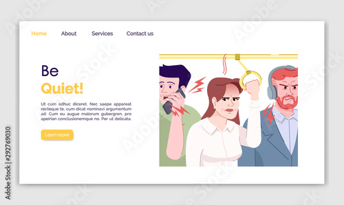 Be quiet landing page vector template. Everyday stress website interface idea with flat illustrations. Rush hour homepage layout. Public transport. Irritability web banner, webpage cartoon concept