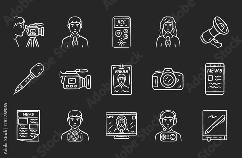 Mass media chalk icons set. Press. Television, radio broadcasting. Taking an interview, photographing events. News recording and filming, announcements. Isolated vector chalkboard illustrations