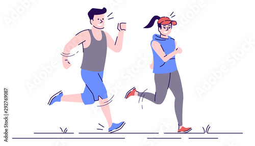 Jogging caucasian man and woman flat vector illustration. Sport activity. Marathon training. Young running boy and girl isolated cartoon characters with outline elements on white background