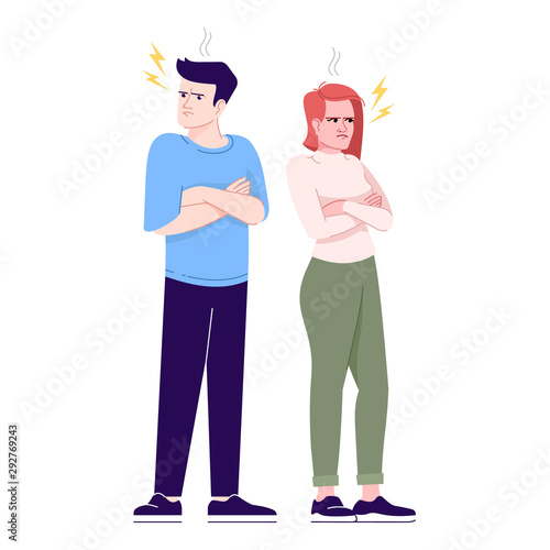 Couple quarrel flat vector illustration. Relationship crisis. Angry offended man and woman after quarrel fight isolated cartoon characters with outline elements on white background