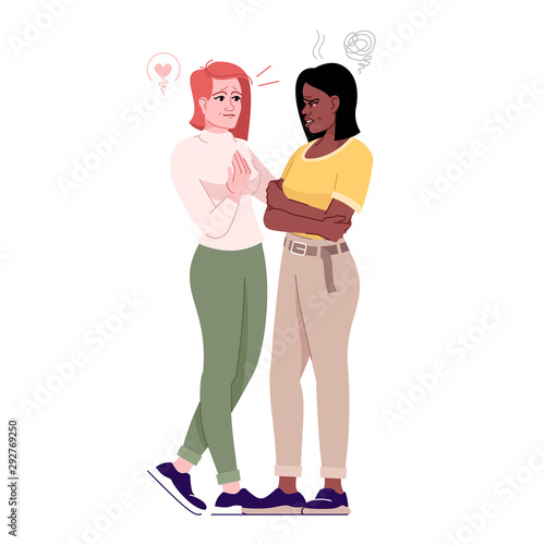 Apologizing after quarrel flat vector illustration. Friendly support. Dispute between friends. Guilty and resentment girlfriend isolated cartoon characters with outline elements on white background