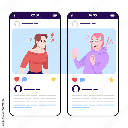 Anger and fear social media posts smartphone app screen. Mobile phone displays with cartoon characters design mockup. Madness and panic. Chatting, social network application telephone interface