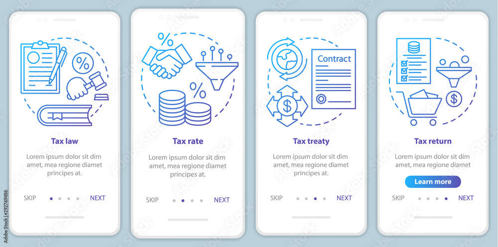 Taxes system blue onboarding mobile app page screen with linear concepts. Tax law, treaty, return, taxation rate walkthrough steps graphic instructions. UX, UI, GUI vector template with illustrations