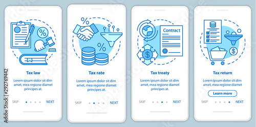 Taxes system blue onboarding mobile app page screen with linear concepts. Tax law, rate, treaty, return walkthrough steps graphic instructions. UX, UI, GUI vector template with illustrations